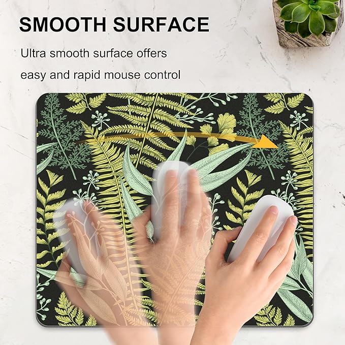 Green Leaf Mouse Pad Cute, Vintage Floral Botanical Plant Rectangular Mousepad Black Aesthetic Nature Herb Office Small Forest Portable Desk Pad Non-Slip Mouse Mat Washable Desk Decor Accessories