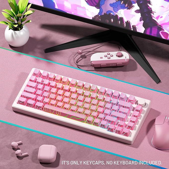 XVX Pink Topographic Keycaps with IMD Tech, Shine Through Custom Keycap 60 75 100 Percent, Lines Backlit Keycap Set, OEM Profile, Side Printed Keyboard Key caps for Keyboards(Only Keycaps)