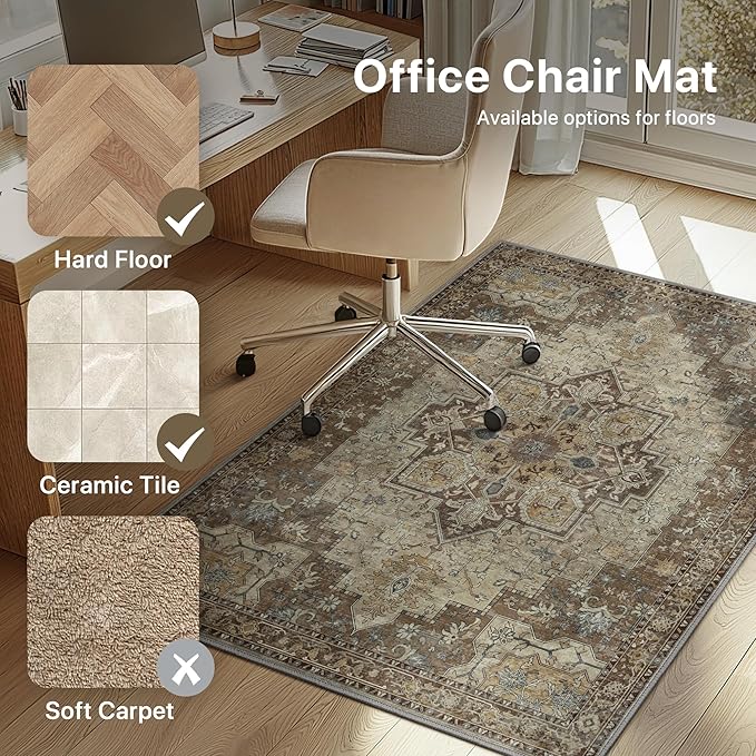 36"x48" Office Chair Mat for Hardwood Tile Floor, Under Desk Carpet Protector for Rolling Computer Chair Mat, Machine Washable Area Rug, Anti-Slip 1/5" Thick Low Pile Thin Vinyl Floor Mat, Brown