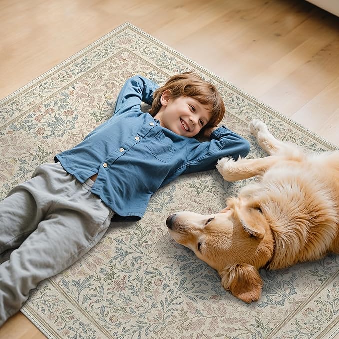 48"x60" Office Chair Mat for Hardwood Tile Floor, Under Desk Carpet Protector for Rolling Computer Chair Mat, Machine Washable Area Rug, Anti-Slip 1/5" Thick Low Pile Thin Vinyl Floor Mat, Beige Pink