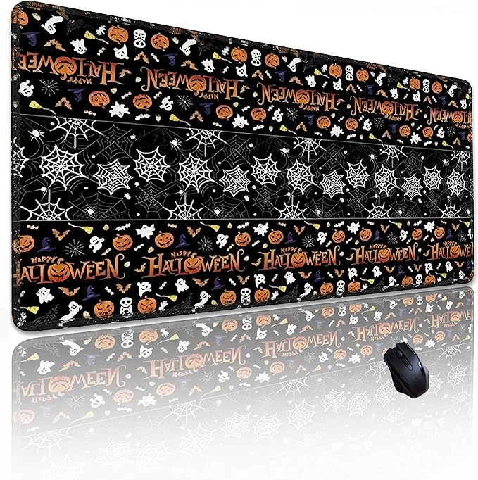 Halloween Themed Mouse Pad, Skeleton Ghost Pumpkin Head Pattern Large Gaming Desk Mat with Sewn Edges, Micro-Woven Fabric for Office and Home, 31.5x11.8in