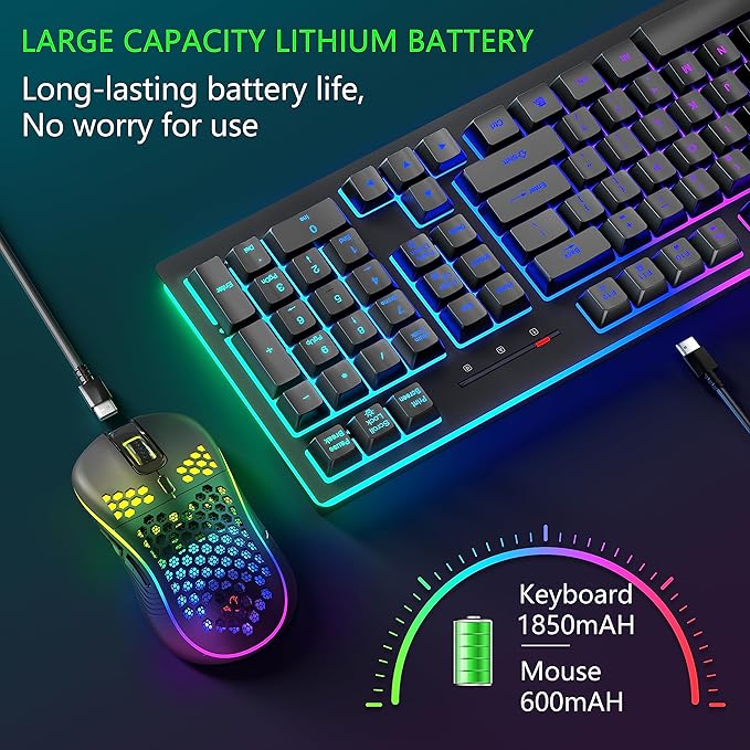 Wireless Keyboard and Mouse RGB Backlit Combo, MOOJAY Rechargeable 2.4G Light Up Cordless Gaming Keyboard with Ergonomic Wireless Wired Dual Mode Mice Set, for PC/Laptop/Windows/Mac - Black