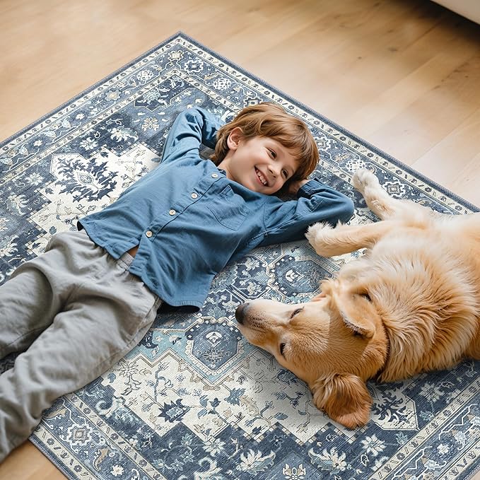 36"x48" Office Chair Mat for Hardwood Tile Floor, Under Desk Carpet Protector for Rolling Computer Chair Mat, Machine Washable Area Rug, Anti-Slip 1/5" Thick Low Pile Thin Vinyl Floor Mat, Navy