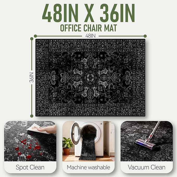 Office Chair Mat for Hardwood Floor, 36"x48" Desk Chair Mat for Home Office, Non-Slip Under Desk Mat for Rolling Chair,Washable Chair Rugs for Gaming Chairs-Black