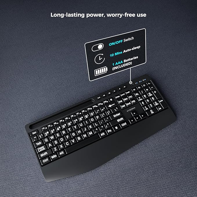 KYSONA Large Print Wireless Keyboard, Full Size Cordless Computer Keyboard with Phone Holder, Palm Rest, Ergonomic Tilt Angle, 2.4G Plug-and-Play, Compatible with Tablet/Windows/Laptop/PC, Black