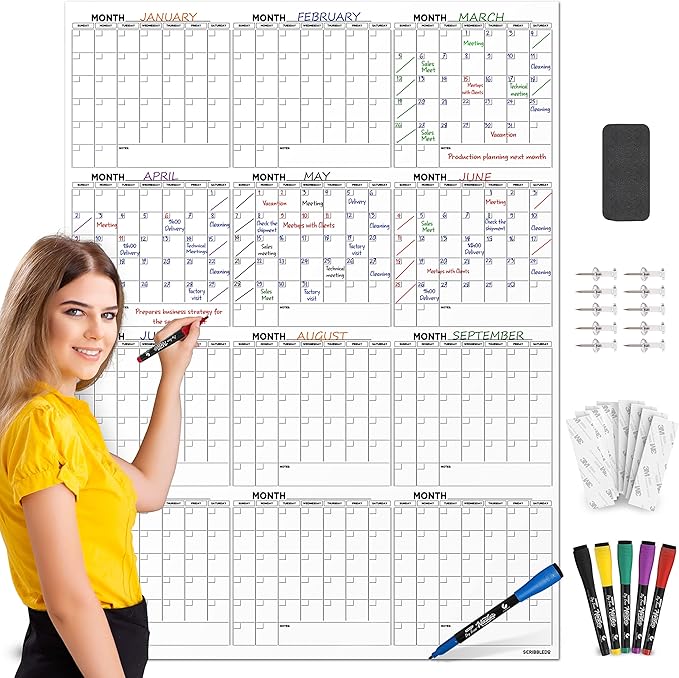 Large White Board Calendar 36"x48" Dry Erase Calendar for Wall Big Dry Erase Wall Calendar Yearly Monthly Wall Calendar Dry Erase Board Planner Includes 6 Markers Eraser Push Pins & Mounting Tape