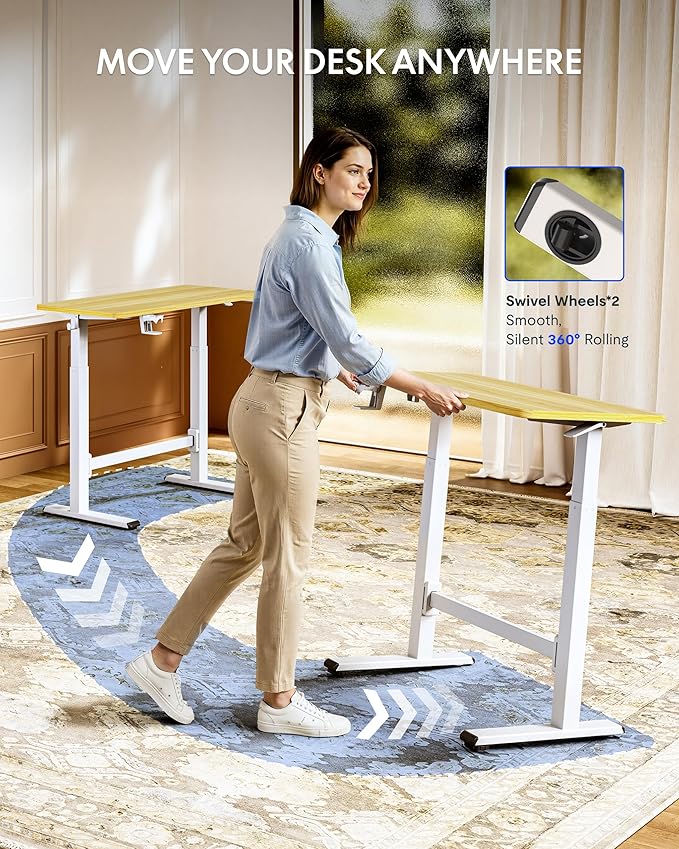 FLEXISPOT H7 Plus Gas Spring Adjustable Standing Desk, Mobile Rolling Sit-Stand Workstation with Wheel, Cordless Stand Up Desk for Small Room & Home Office 40" One-Piece Desktop Maple,height 27.6"–45"