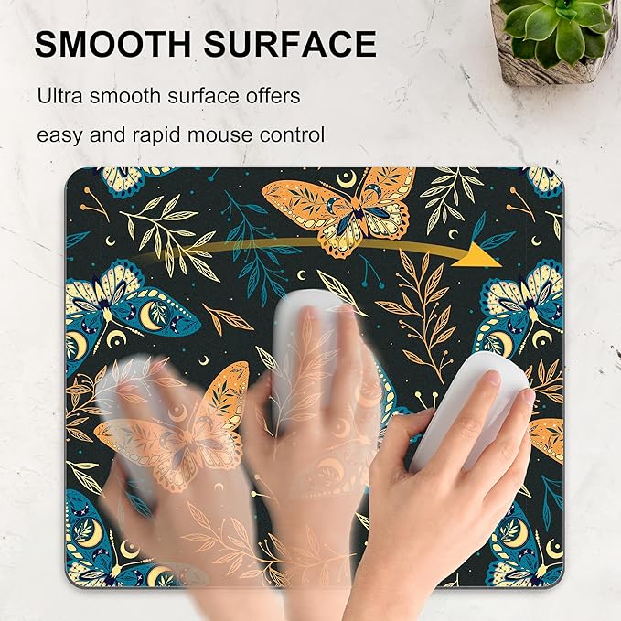 Bohemian Butterfly Mouse Pad Cute, Black Boho Moth Luna Moon Square Computer Mousepads Washable Nature Leaf Floral Mouse Mat Non-Slip Rubber Base for Gaming Office Laptop Wireless Mouse Desk Accessory