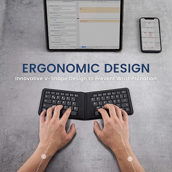 Perixx PERIBOARD-805E US, Wireless Foldable Ergonomic Bluetooth Keyboard, Ultra-Thin X Type Keys, Compatible with iOS, Android, or Windows Smartphone, Tablet, or Laptops, US English