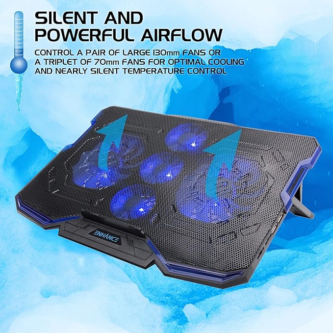 Enhance Cryogen Gaming Laptop Cooling Pad - Fits up to 17 inch Computer - Adjustable Laptop Cooling Stand with 5 Ultra Quiet Cooler Fans, 2 USB Ports and LED Lighting - Slim Portable Design 2500 RPM