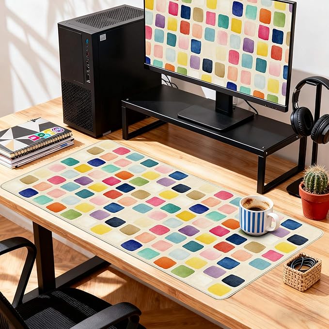 Desk Cover Mat, XXL Large Mouse Pad, Computer Laptop Cute Mat Desk Decor for Office Game Home 31.5 X 15.7 Inch (Colorful Checkered)