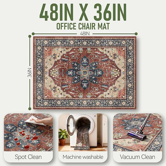 36"x48" Office Chair Mat for Hardwood, Under Desk Chair Mat for Home Office, Anti-Slip Office Rugs for Rolling Chairs, Floor Protector Washable Rugs Rust Red