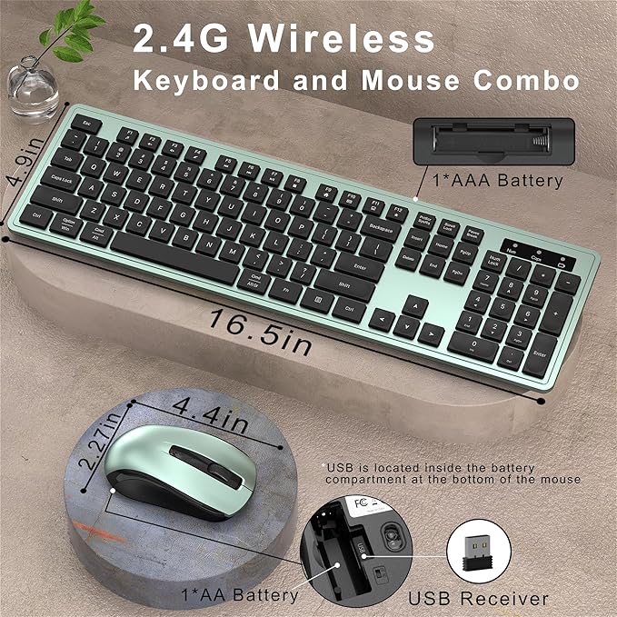 Wireless Keyboard and Mouse Combo, Full-Size 104-Key Office Keyboard with 15 Function Keys, Numeric Keypad, Single USB Receiver, Compatible with PC and Laptop(Green)