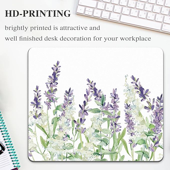 Floral Flower Mouse Pad Purple White Green Plant Leaf Women Mousepad Nature Aesthetic Pretty Desk Computer Gaming Office Cute Non-Slip Wireless Mat Washable Decor Accessories Pattern Laptop Travel