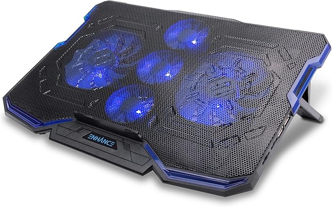 Enhance Cryogen Gaming Laptop Cooling Pad - Fits up to 17 inch Computer - Adjustable Laptop Cooling Stand with 5 Ultra Quiet Cooler Fans, 2 USB Ports and LED Lighting - Slim Portable Design 2500 RPM