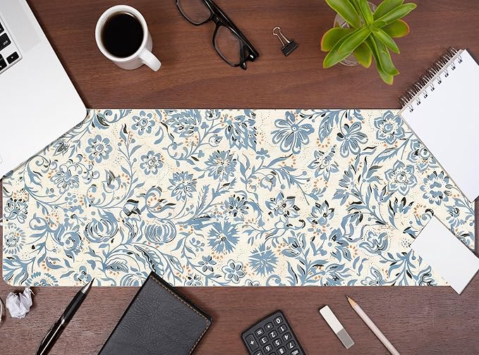 Blue Boho Mouse Pad Abstract Flroal Desk Mat, Spring Summer Mouse Pad for Desk Large, Blue and Beige Desktop Mats Aesthetic Computers Pads Flroal Decor for Desk Office Dorm Women 31.5x11.8