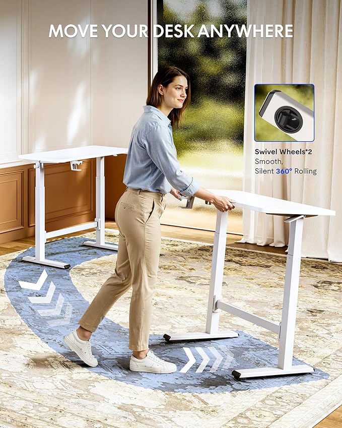 FLEXISPOT H7 Plus Gas Spring Adjustable Standing Desk, Mobile Rolling Sit-Stand Workstation with Whee, Cordless Stand Up Desk for Small Room & Home Office, 40" One-Piece Desktop White,height 27.6"–45"