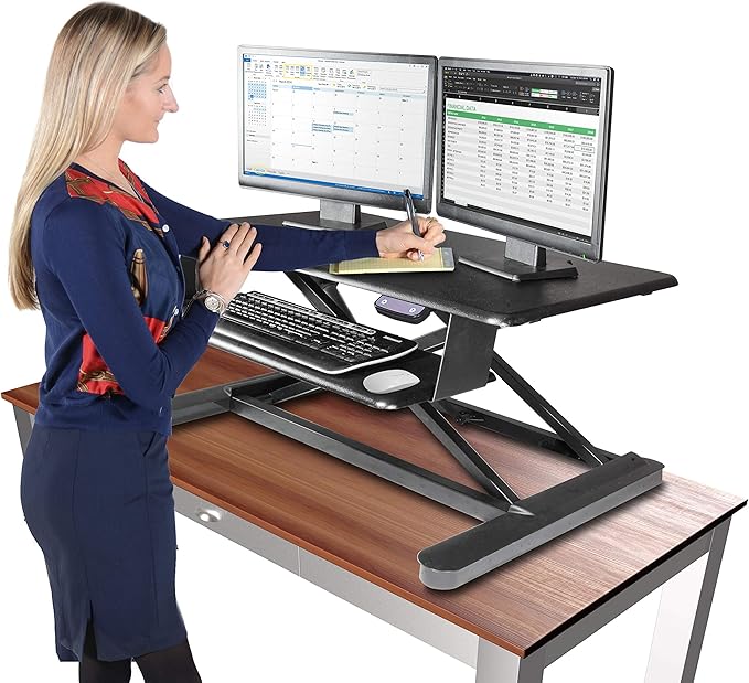 Kantek Standing Desk Converter, Electric Lift, Adjustable From, 6"-23", Large Platform Fits Dual Monitors, Sit to Stand Home Office Workstation, Grommet Hole