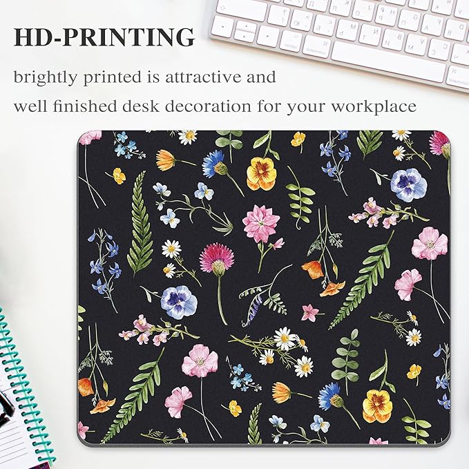 Floral Mouse Pad Mousepad Flower Black Cute Pretty Aesthetic Desk Mat Daisy Plant Botanical Leaf Square Women Laptop Computer Gaming Office Small Portable Non-Slip Wireless Washable Accessories