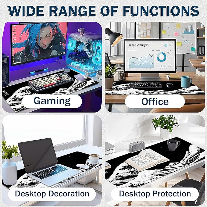 Mouse Pad Gaming - Desk Mat for Keyboard and Mouse - Japanese Sea Wave Large Mouse Pads for Desk, Desks Pad(35.4" X 15.7") with Non-Slip Base, Kanagawa Gaming Mousepad for Game, Office and Home