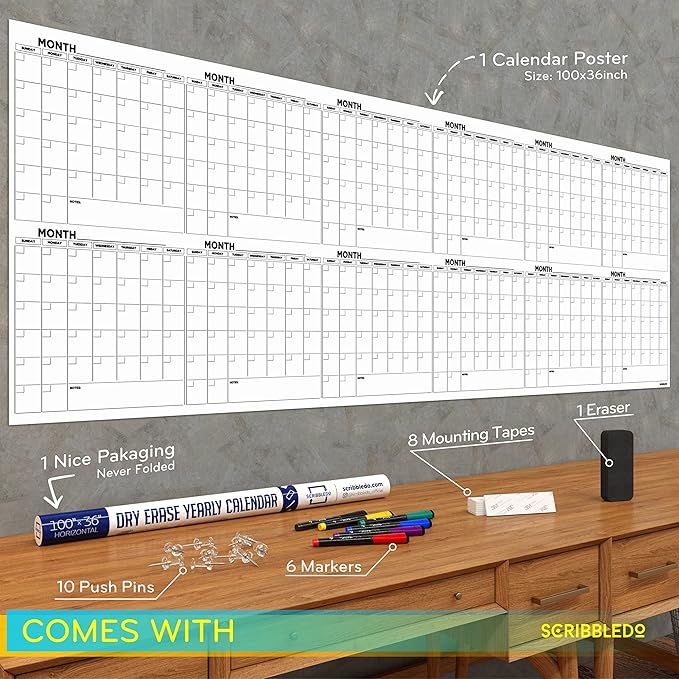 Extra Large 100"x36" Dry Erase Monthly Planner – 12-Month Whiteboard Calendar Includes 6 white Board Markers Eraser Push Pins & Mounting Tape