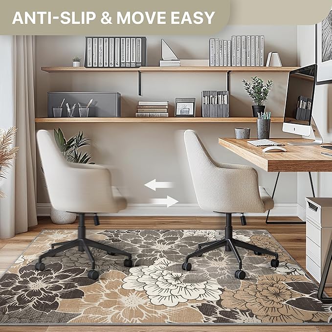 48"x60" Office Chair Mat for Hardwood Tile Floor, Under Desk Carpet Protector for Rolling Computer Chair Mat, Machine Washable Area Rug, Anti-Slip 1/5" Thick Low Pile Thin Vinyl Floor Mat, Grey Beige