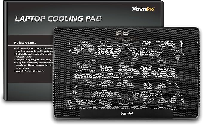 Portable Metal Mesh Laptop Cooler Cooling Pad, 6 Quiet Fans w/Green LED Light, 5 Adjustable Heights, Up to 17" in Notebook, 2 USB Interface w/Speed Control Switch, Non-Slip - Black (11147)