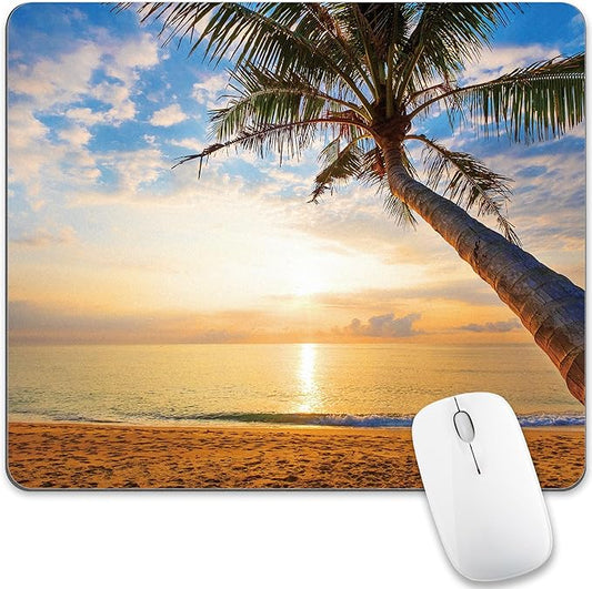 Summer Tropical Beach Mouse Pad Ocean Gold Sunrise Square Laptop Mousepad Custom Desk Aesthetic Computer Gaming Office Small Cute Palm Tree Portable Non-Slip Wireless Mat Washable Decor Accessories