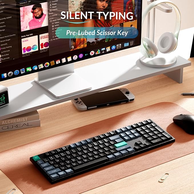 Keychron B36 2.4 GHz Wireless Bluetooth Keyboard Silent Typing 100% Full-Size Layout Launcher Support with Numeric Keypad Ergonomic Angle Compatible for Mac Windows Linux