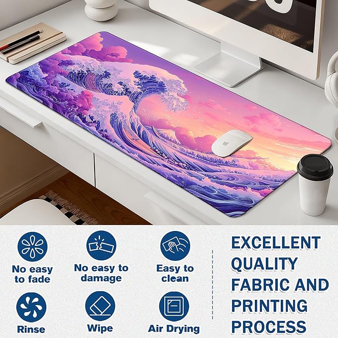 Mouse Pad Gaming - Desk Mat for Keyboard and Mouse - Japanese Sea Wave Large Mouse Pads for Desk, Desks Pad(35.4" X 15.7") with Non-Slip Base, Kanagawa Gaming Mousepad for Game, Office and Home