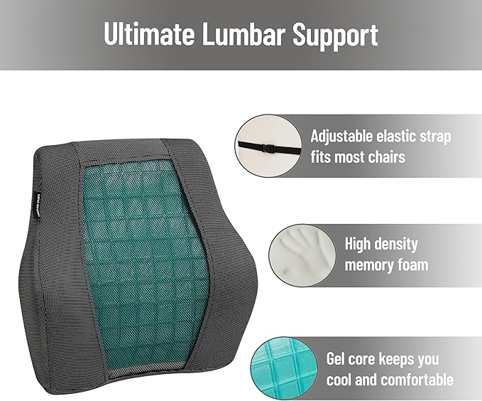 Mind Reader Lumbar Support Cushion for Office Chair and Car Seat, Memory Foam and Cooling Gel Core, Air-Cloud Technology, 15.5" L x 3.75" W x 14.25" H, Black