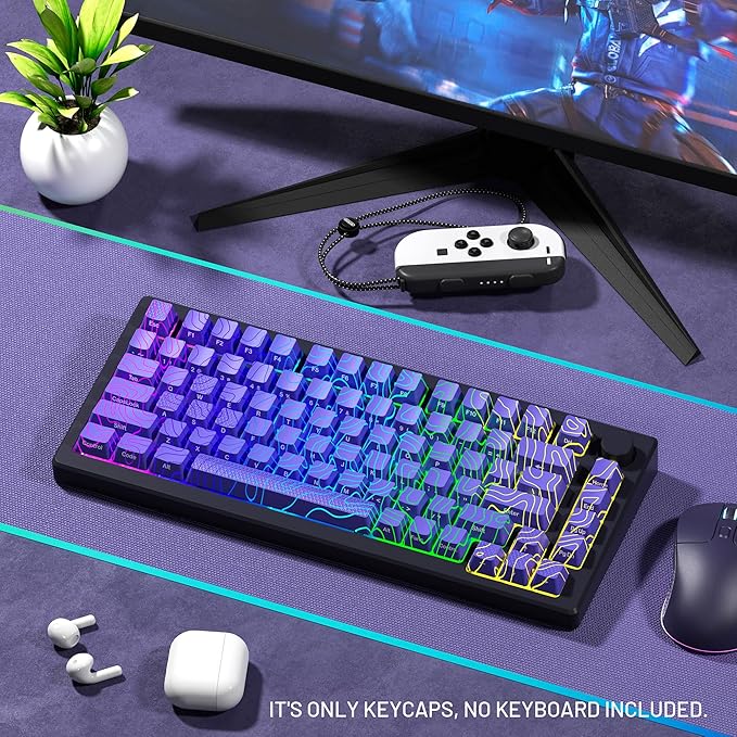 HITIME XVX Shine Through Keycaps w/IMD Tech, Custom Topographic Keycaps 60 75 100 Percent, Purple Key Cap Set 118 Keys Lines Backlit, OEM Profile Side Printed for Keyboards