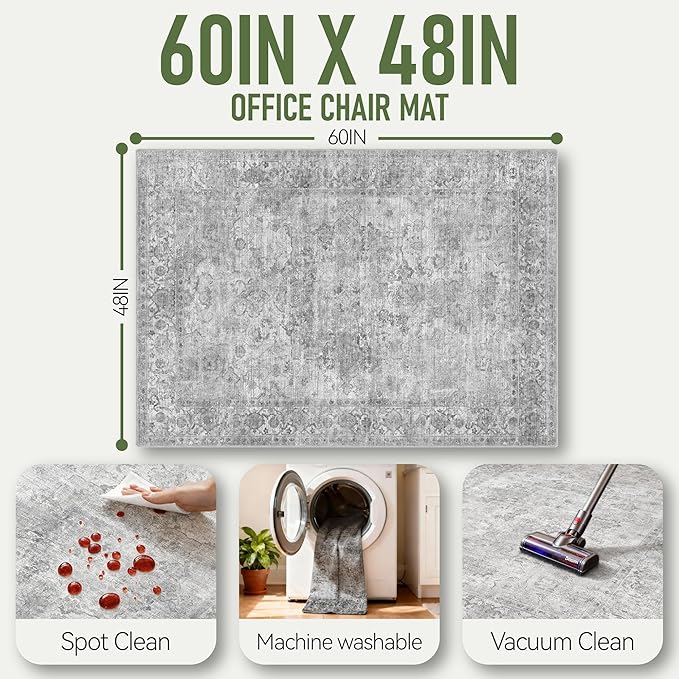 Office Chair Mat for Hardwood Floor, 48"x60" Desk Chair Mat for Home Office, Anti-Slip Under Desk Mat for Rolling Chair,Floor Protector Washable Rugs for Gaming Chairs-Light Grey
