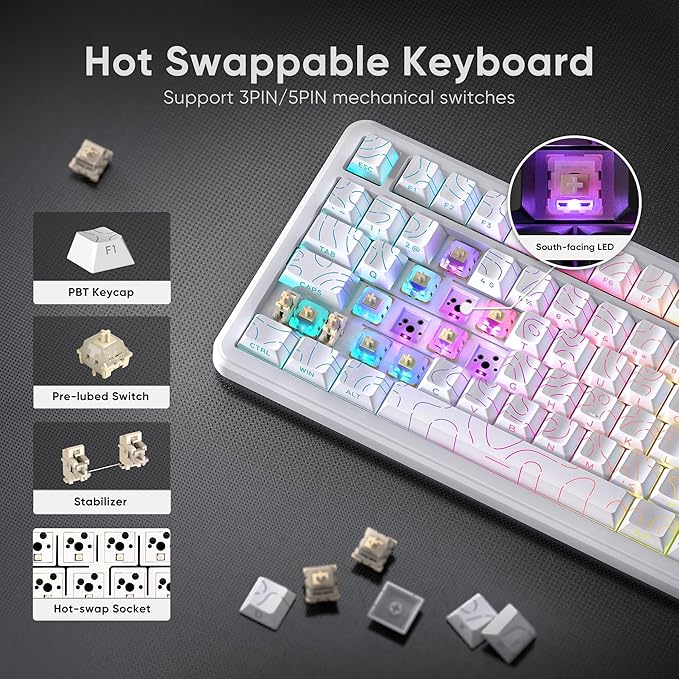 RedThunder K75 Wireless Mechanical Keyboard, CNC Knob, Tri-Mode BT5.0/2.4GHz/USB-C Hot Swappable Custom, Pre-lubed Linear Coconut Switches, Gasket Structure, RGB Gaming Keyboard, White Contour Lines