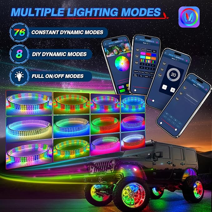 MICTUNING 17inch V1 RGB+IC Chasing Color Wheel Ring Lights Kit with APP Control, Double-Row Dream Color Chasing Flow Neon Wheel Rim Lights with Turn Signal and Braking for Pickup Truck Car SUV