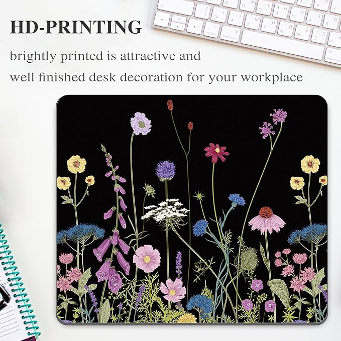 Black Floral Mouse Pad Flower Mousepad Purple Colorful Aesthetic Cute Desk Rectangular Laptop Women Girl Computer Office Small Non-Slip Wireless Mat Washable Decor Accessories Travel Gaming Supplies