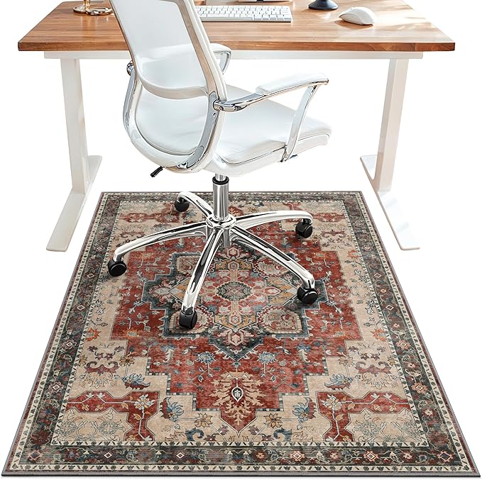 36"x60" Office Chair Mat for Hardwood Tile Floor, Under Desk Carpet Protector for Rolling Computer Chair Mat, Machine Washable Area Rug, Anti-Slip 1/5" Thick Low Pile Thin Vinyl Floor Mat, Annatto