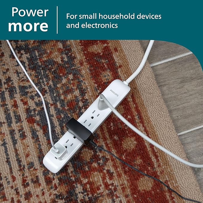 Philips 6 Outlet Power Strip Surge Protector, 4ft Power Cord, Flat Plug, Wall Mount, 720 Joules, ETL Listed, Circuit Breaker, Automatic Shutdown, White, SPP3064WE/37