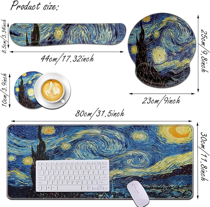Keyboard Wrist Rest and Mouse Pad Wrist Support Set,Ergonomic Memory Foam Wrist Pad & Non Slip Base for Home Office Working Studying Easy Typing,Pain Relief,Starry Night
