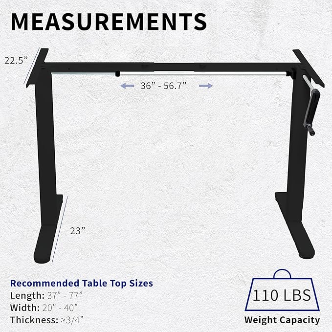 VIVO Compact Hand Crank Stand Up Desk Frame for 37 to 77 inch Table Tops, Ergonomic Standing Height Adjustable Base with Foldable Handle, Black, DESK-M051MB