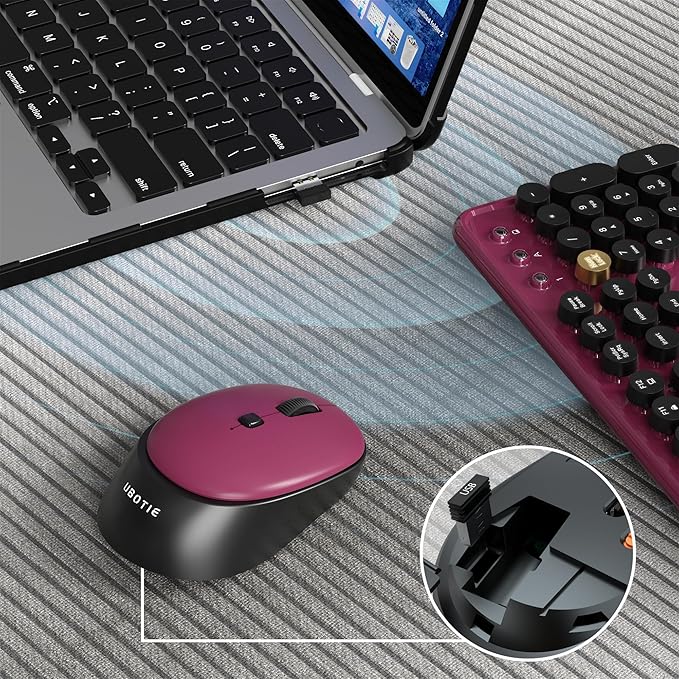 Colorful Wireless Computer Keyboards Mouse Combos, UBOTIE Polychrome Round Keycaps Retro PC Keyboards 2.4GHz Radio Frequency Connection with Optical Mouse(Black Claret)