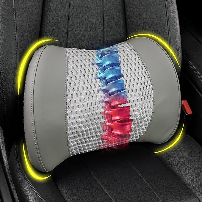 Memory Foam Lumbar Support Cushion Relieves Lower Back Pain for Car, Office Chair, and Wheelchair Use, 4D Mesh Cover, Gray