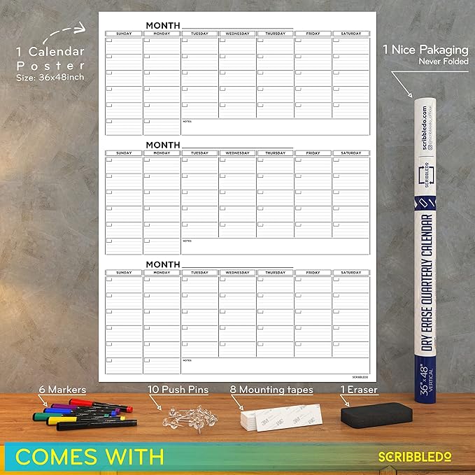 Large 36"x48" Quarterly White Board Calendar Dry Erase Calendar for Wall 3 Month Big Dry Erase Wall Calendar Monthly Dry Erase Board Planner Includes 6 Markers Eraser Push Pins & Mounting Tape