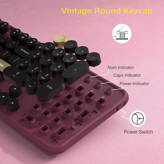Wireless Keyboard and Mouse Combos, Retro Keyboard and Mouse Wireless Full Size, 2.4Ghz Connection and Optical Mouse for Windows, Mac, PC, Laptop for Home and Office (Burgundy-Black)