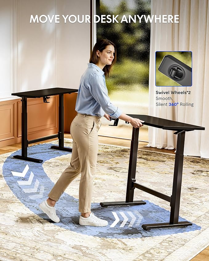 FLEXISPOT H7 Plus Gas Spring Adjustable Standing Desk, Mobile Rolling Sit-Stand Table with Wheels, Cordless Stand Up Desk for Small Spaces & Home Office, 40" One-Piece Desktop Black,Height 27.6"–45"
