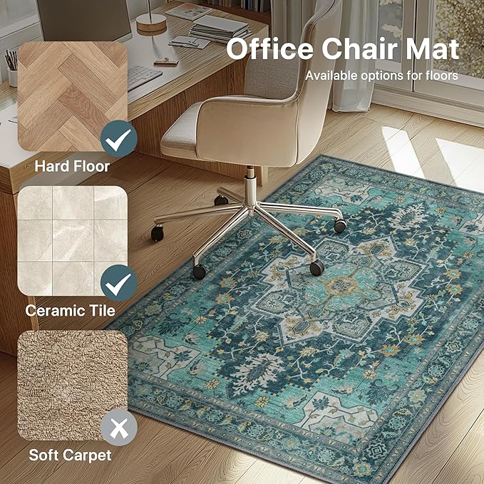 48"x60" Office Chair Mat for Hardwood Tile Floor, Under Desk Carpet Protector for Rolling Computer Chair Mat, Machine Washable Area Rug, Anti-Slip 1/5" Thick Low Pile Thin Vinyl Floor Mat, Turquoise
