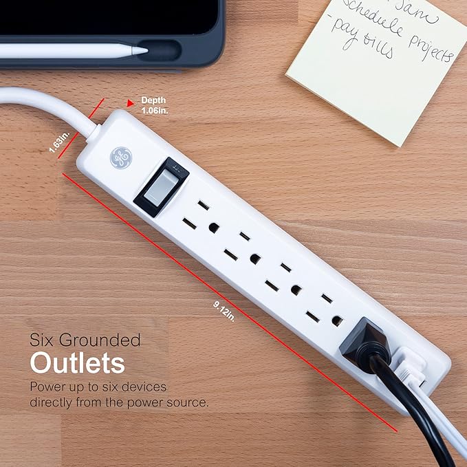GE 6-Outlet Power Strip, 8 Ft Extension Cord, Heavy Duty Plug, Grounded, Integrated Circuit Breaker, 3-Prong, Wall Mount, ETL Listed, White, 67122