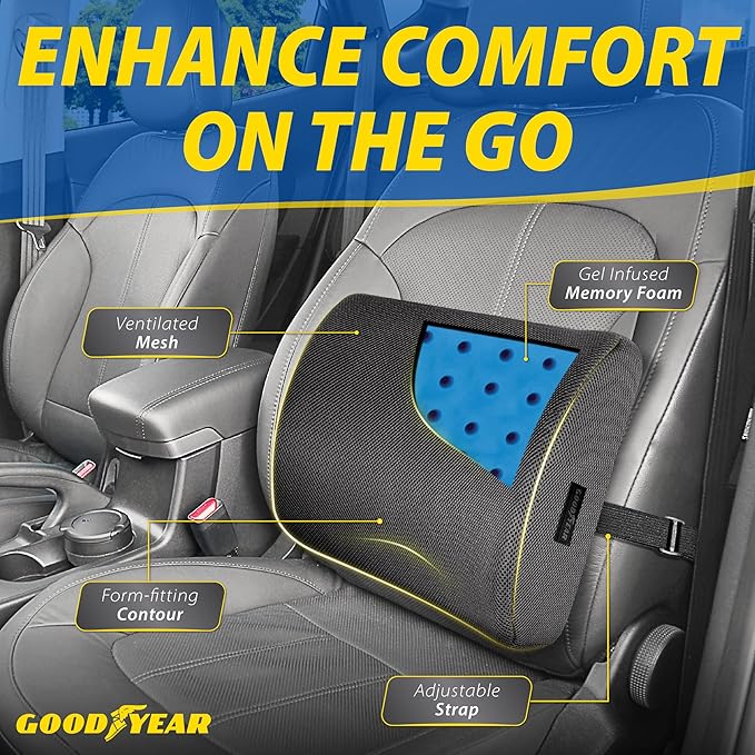 Goodyear Lumbar Support Car Seat Cushion with Cooling Gel – Accessories for Driving – Memory Foam Car Seat Lumbar Support Pillows, Office Chairs Cushion, Ergonomic Back Support, Desk Accessories