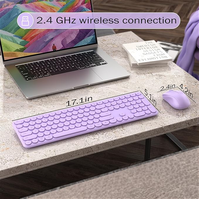 Wireless Keyboard and Mouse Combo, 110 Round Quiet Keys, Adjustable Optical Mouse, Share 1xUSB Receiver, Power Switch, for Windows Mac(Purple)