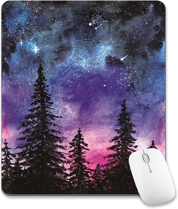 Forest Tree Mouse Pad Cute, Purple Starry Sky Night Vintage Watercolor Mountain Plant Mousepad Vertical Aesthetic Nature Scenery Office Small Desk Pad Non-Slip Mouse Mat Washable Desk Decor Accessory